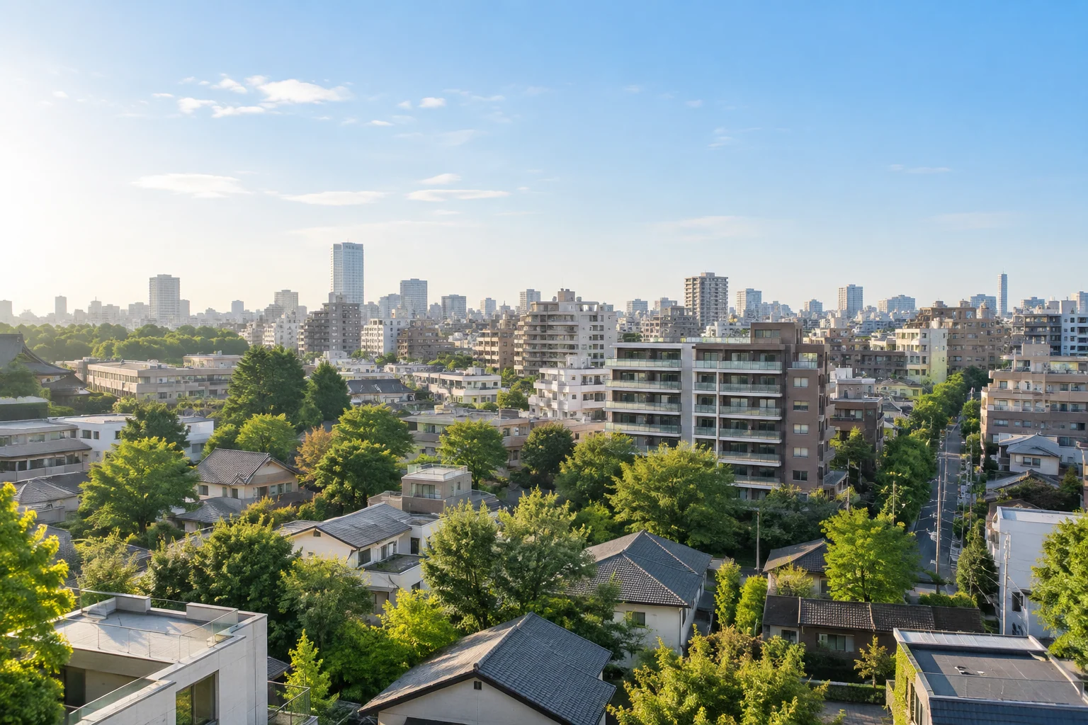 東京の住宅街と遠景のビル群