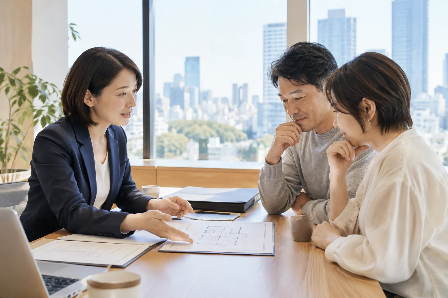 東京の街を望む室内で不動産について相談する人物